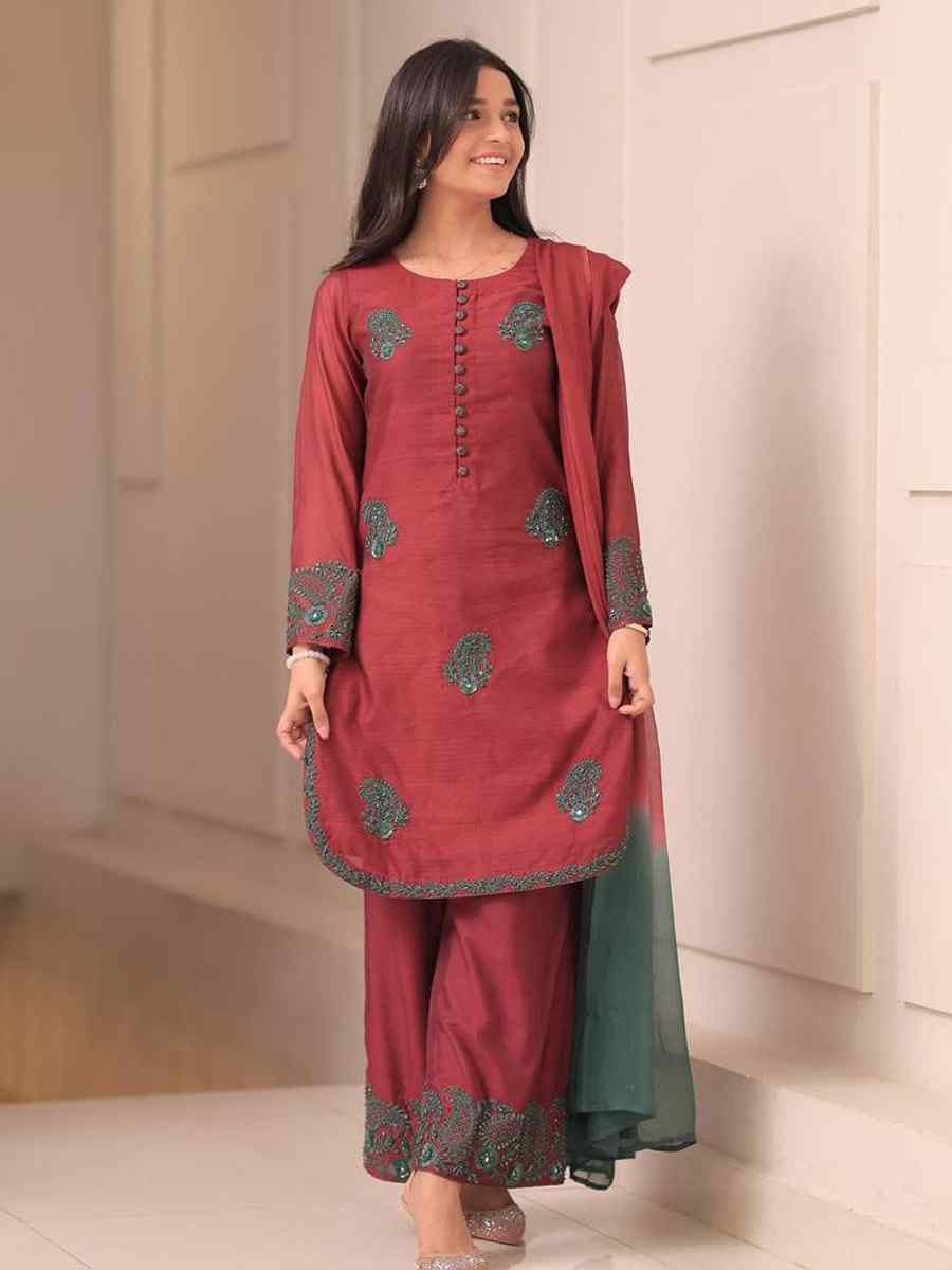 Maroon Pure French Crep Silk Embroidered Festival Mehendi Ready Palazzo Pant Salwar Kameez