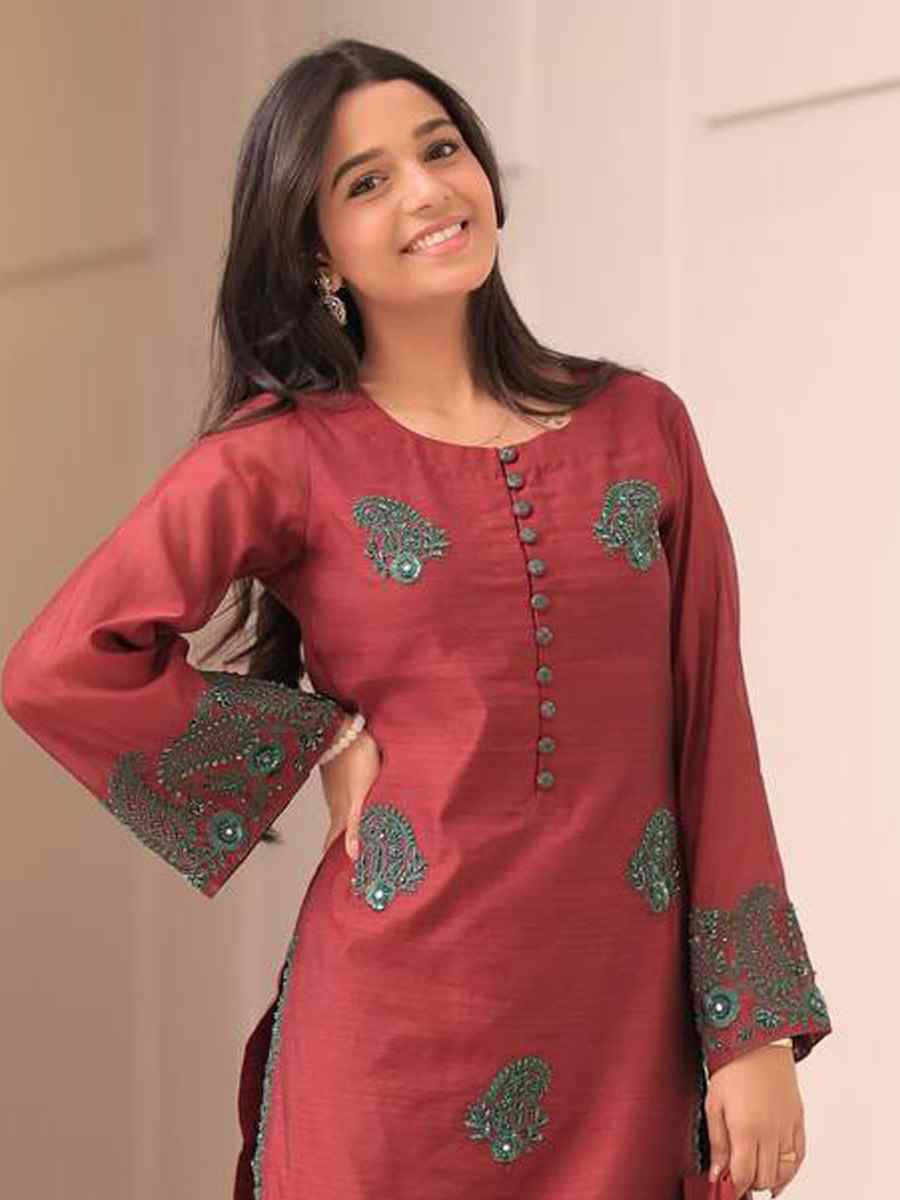 Maroon Pure French Crep Silk Embroidered Festival Mehendi Ready Palazzo Pant Salwar Kameez