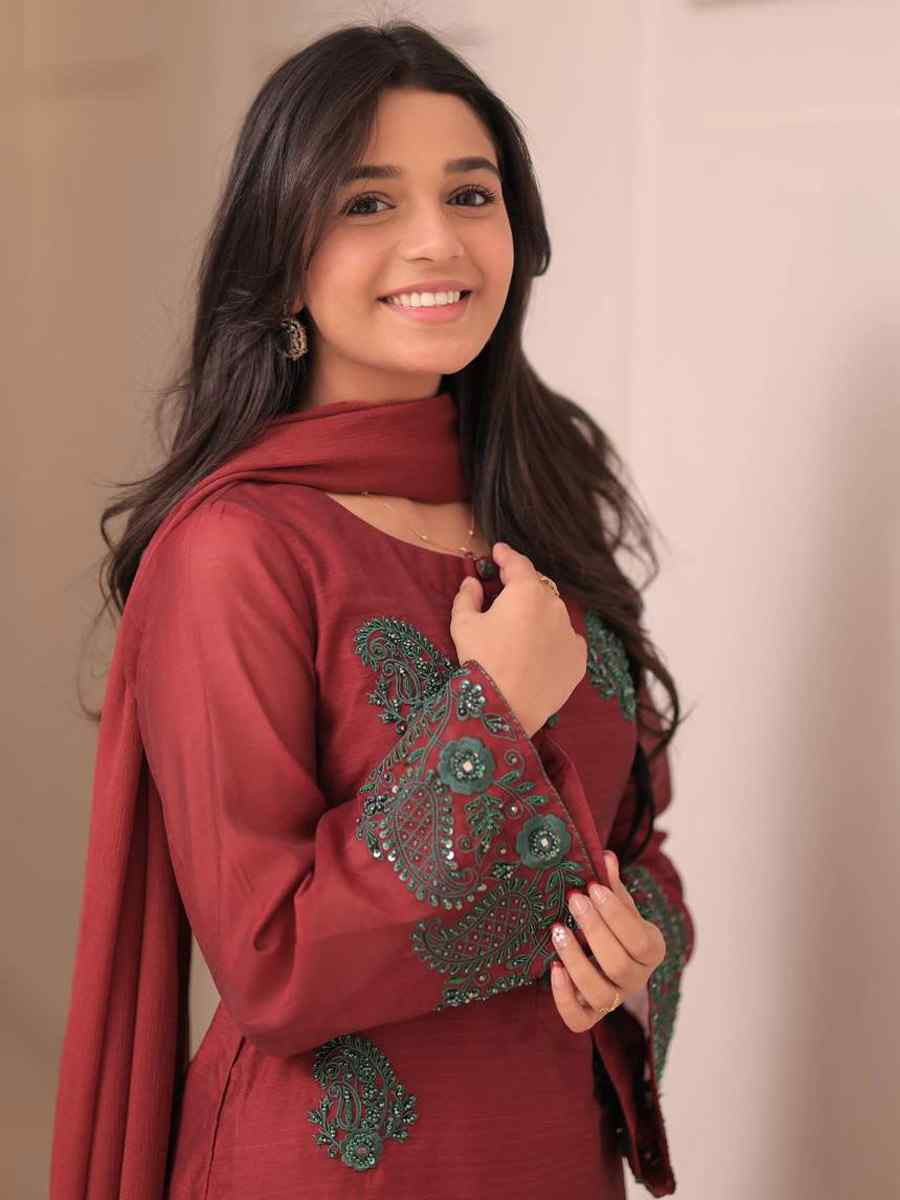 Maroon Pure French Crep Silk Embroidered Festival Mehendi Ready Palazzo Pant Salwar Kameez