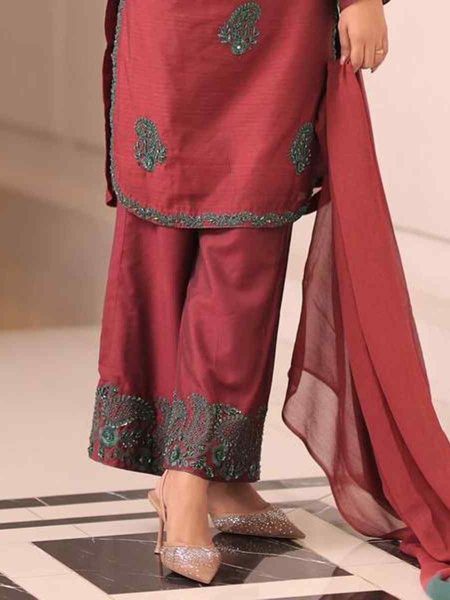 Maroon Pure French Crep Silk Embroidered Festival Mehendi Ready Palazzo Pant Salwar Kameez