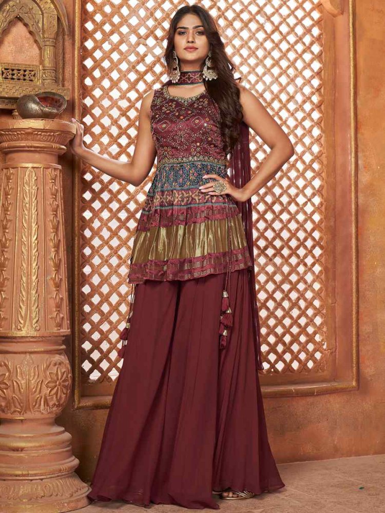 Maroon Pure Gajji Lagdi Patta Silk Printed Festival Wedding Ready Sharara Pant Salwar Kameez