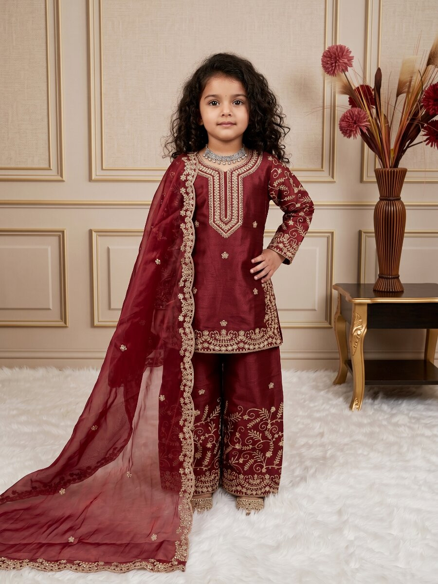 Maroon Pure gmy silk Embroidered Sequins Ethnic Casual Festival Party Wedding Salwars Girls Wear