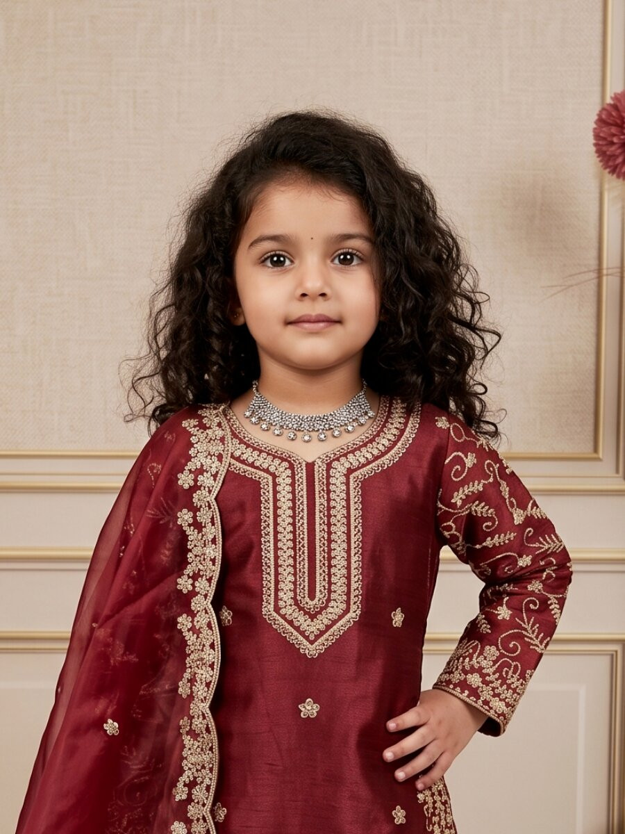 Maroon Pure gmy silk Embroidered Sequins Ethnic Casual Festival Party Wedding Salwars Girls Wear