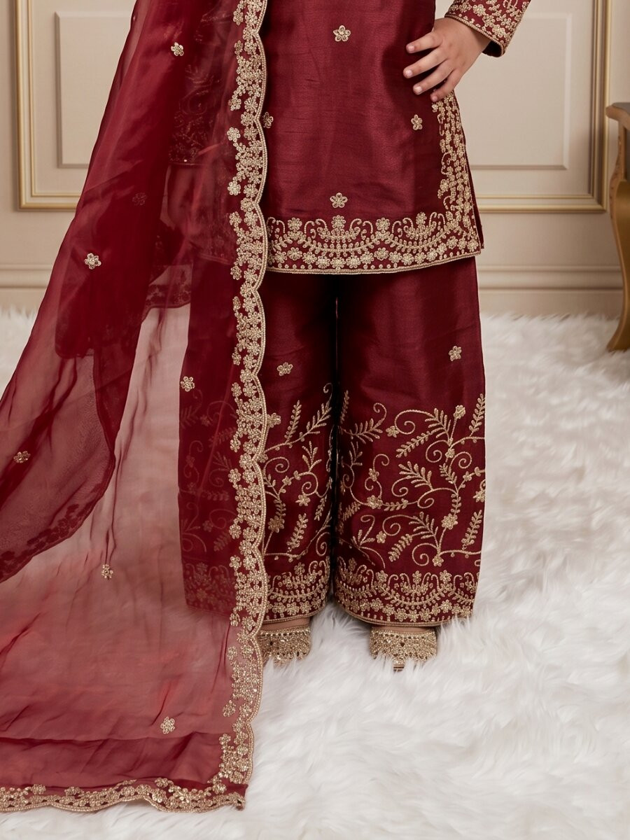 Maroon Pure gmy silk Embroidered Sequins Ethnic Casual Festival Party Wedding Salwars Girls Wear