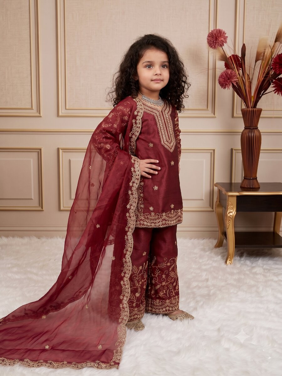 Maroon Pure gmy silk Embroidered Sequins Ethnic Casual Festival Party Wedding Salwars Girls Wear