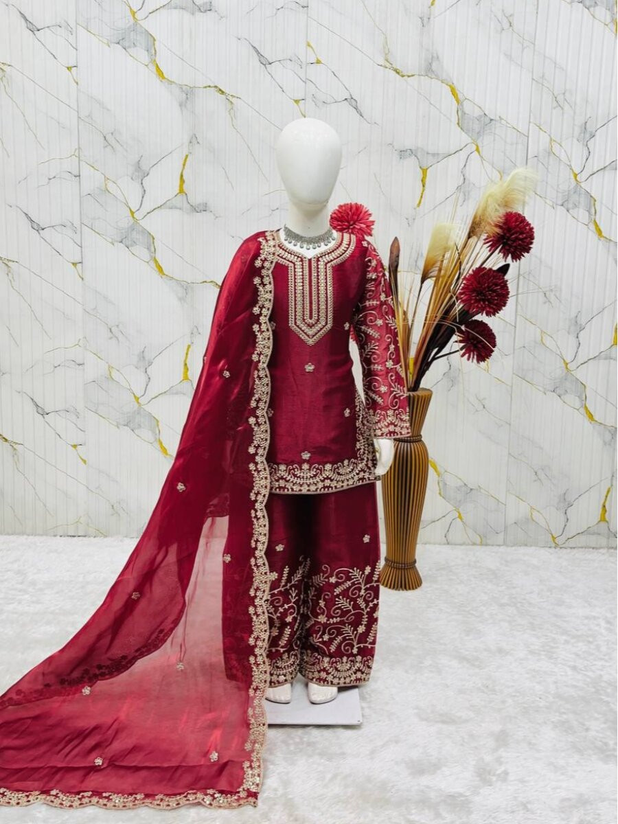 Maroon Pure gmy silk Embroidered Sequins Ethnic Casual Festival Party Wedding Salwars Girls Wear