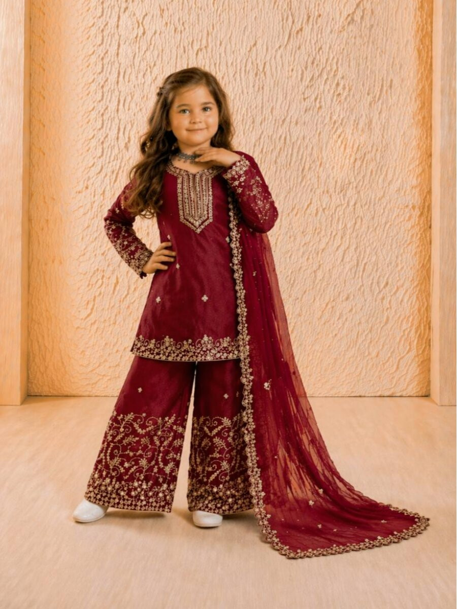 Maroon Pure GMY Silk Embroidered Sequins Ethnic Casual Party Wedding Ready Salwars Girls Wear