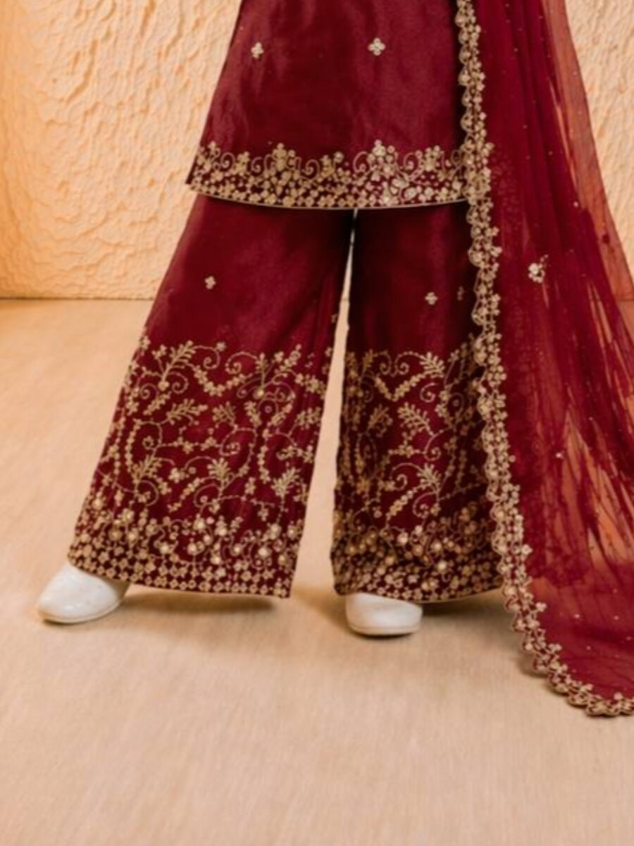 Maroon Pure GMY Silk Embroidered Sequins Ethnic Casual Party Wedding Ready Salwars Girls Wear