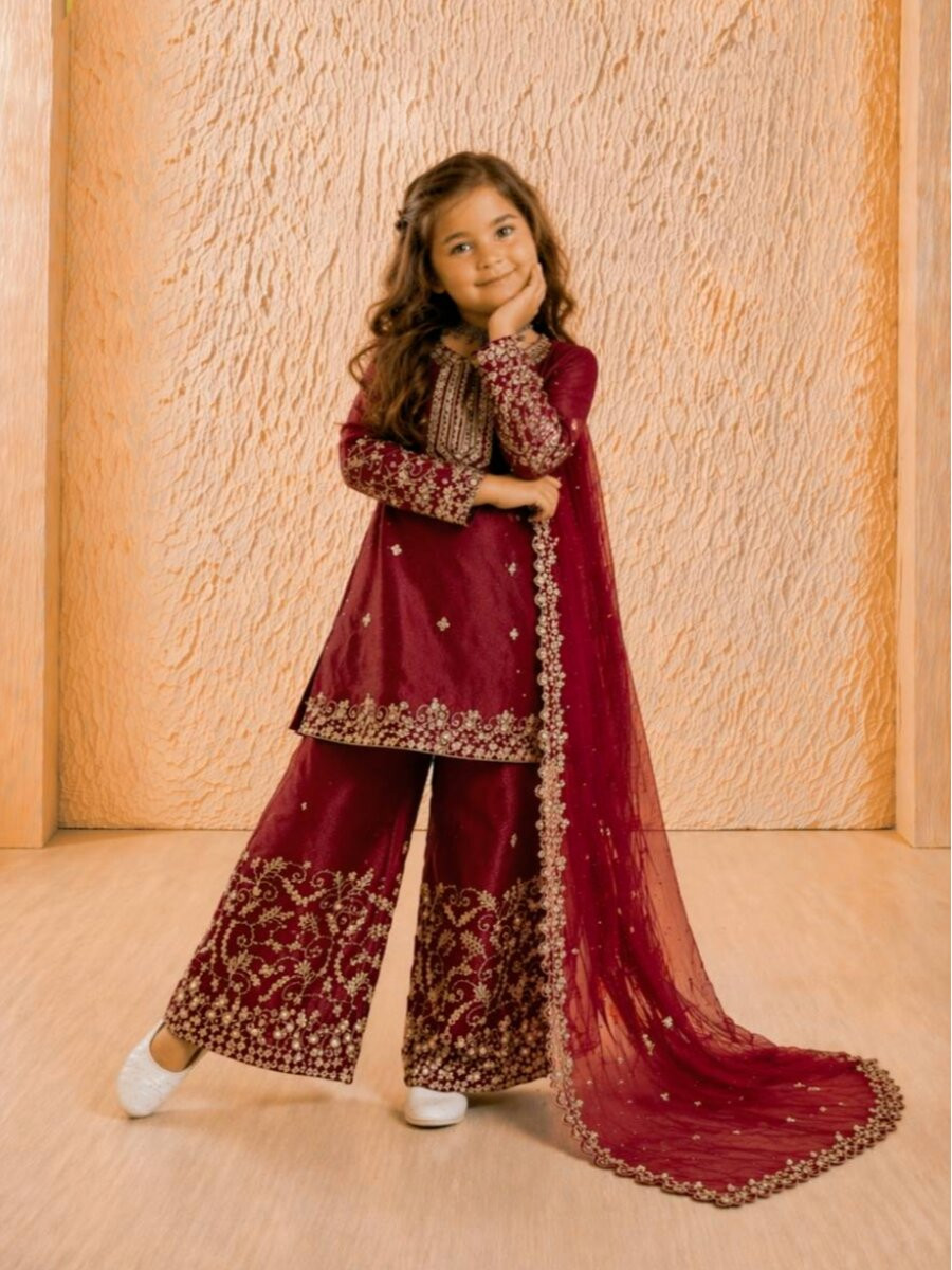 Maroon Pure GMY Silk Embroidered Sequins Ethnic Casual Party Wedding Ready Salwars Girls Wear