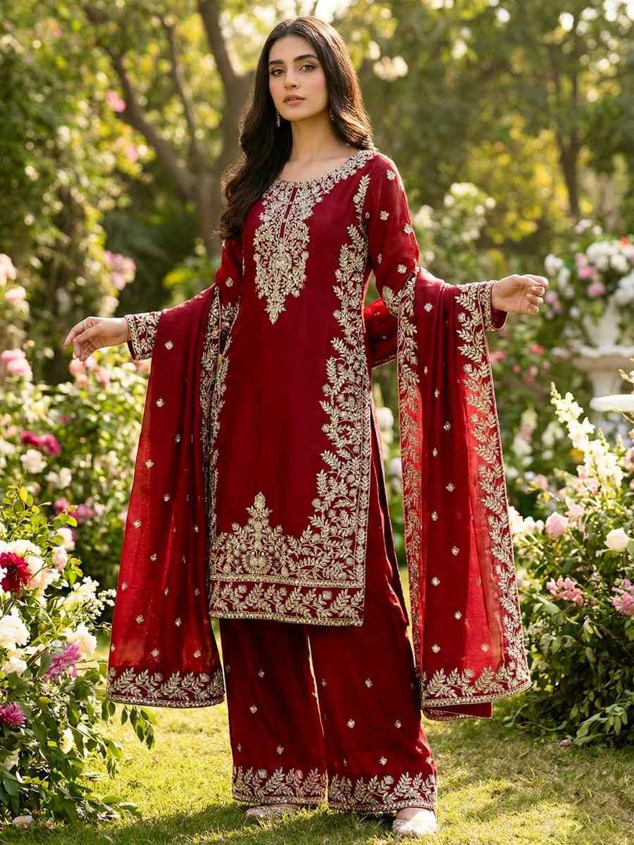 Maroon Pure Gmy Silk Embroidery Party Wedding Festival Casual Ready Palazzo Pant Salwar Kameez