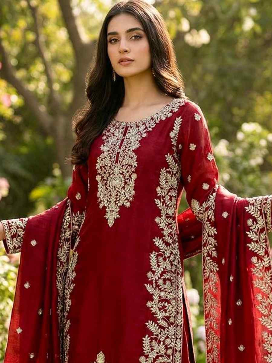 Maroon Pure Gmy Silk Embroidery Party Wedding Festival Casual Ready Palazzo Pant Salwar Kameez