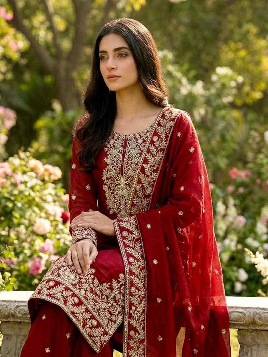 Maroon Pure Gmy Silk Embroidery Party Wedding Festival Casual Ready Palazzo Pant Salwar Kameez