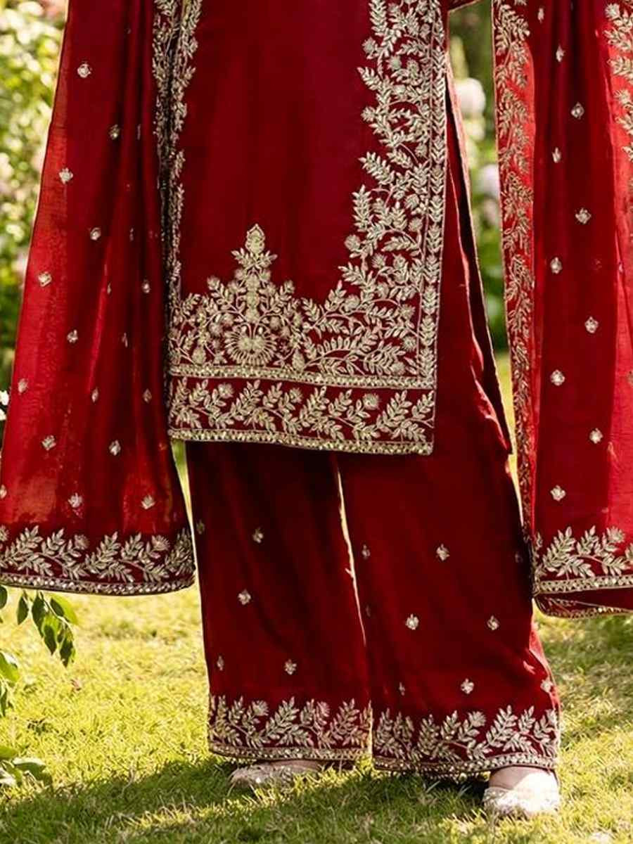 Maroon Pure Gmy Silk Embroidery Party Wedding Festival Casual Ready Palazzo Pant Salwar Kameez