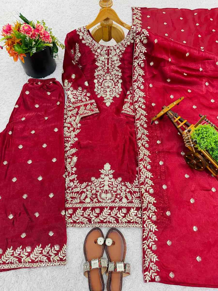 Maroon Pure Gmy Silk Embroidery Party Wedding Festival Casual Ready Palazzo Pant Salwar Kameez
