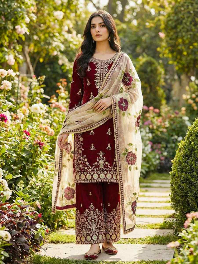 Image of Maroon Pure Gmy Silk Embroidery Party Wedding Festival Casual Ready Palazzo Pant Salwar Kameez