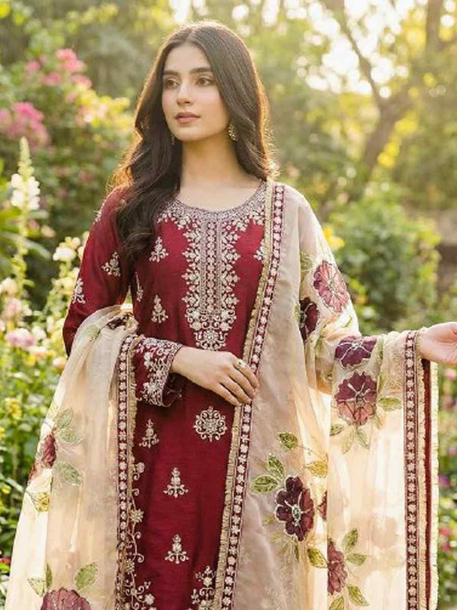 Maroon Pure Gmy Silk Embroidery Party Wedding Festival Casual Ready Palazzo Pant Salwar Kameez