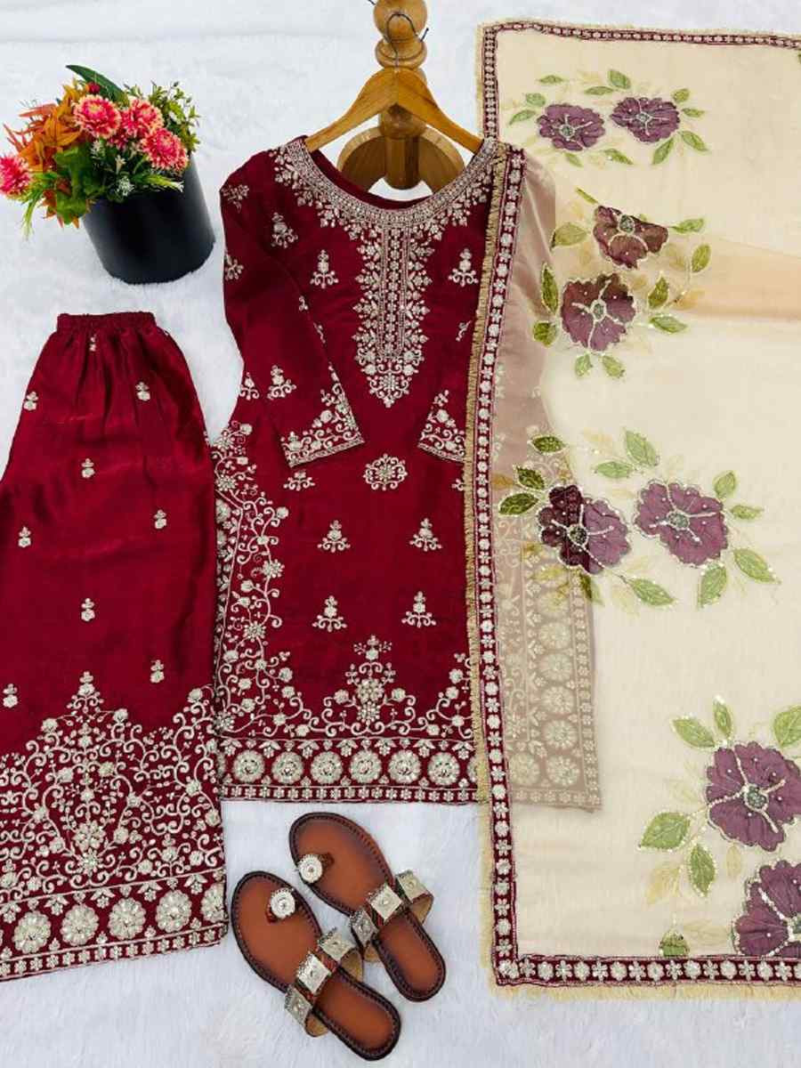 Maroon Pure Gmy Silk Embroidery Party Wedding Festival Casual Ready Palazzo Pant Salwar Kameez