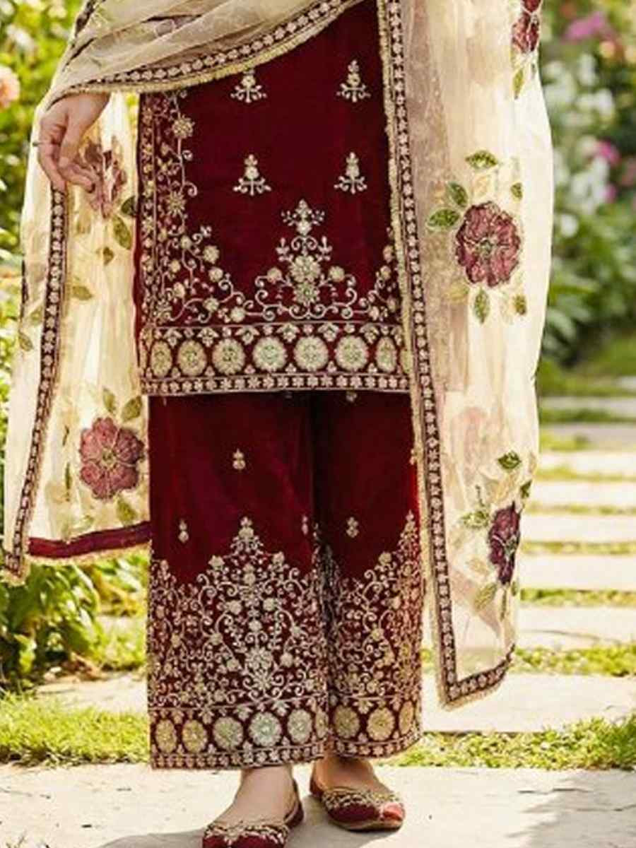 Maroon Pure Gmy Silk Embroidery Party Wedding Festival Casual Ready Palazzo Pant Salwar Kameez