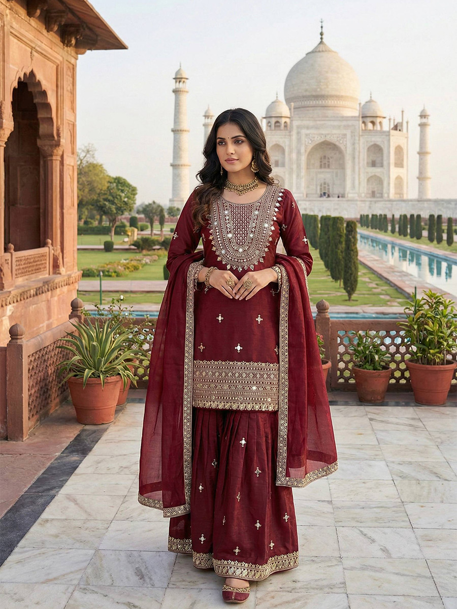 Maroon Pure Gmy Silk Embroidery Sequins Party Wedding Festival Casual Ready Sharara Pant Salwar Kameez
