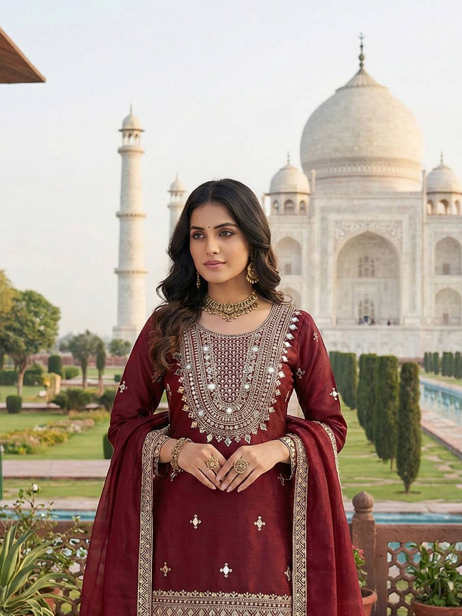 Maroon Pure Gmy Silk Embroidery Sequins Party Wedding Festival Casual Ready Sharara Pant Salwar Kameez