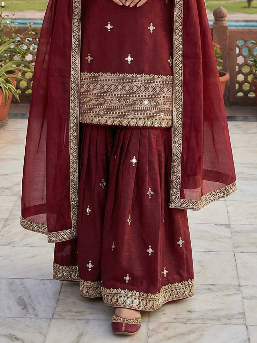 Maroon Pure Gmy Silk Embroidery Sequins Party Wedding Festival Casual Ready Sharara Pant Salwar Kameez