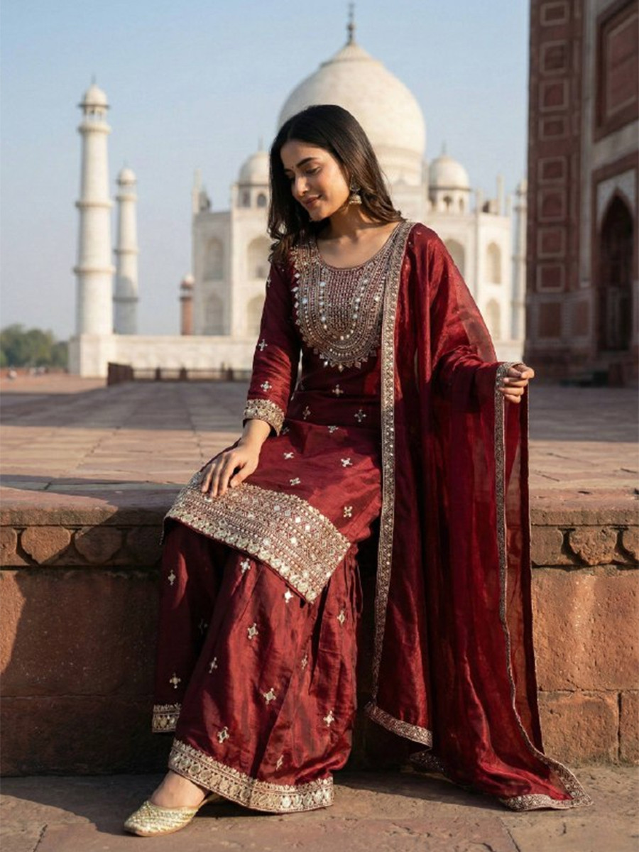 Maroon Pure Gmy Silk Embroidery Sequins Party Wedding Festival Casual Ready Sharara Pant Salwar Kameez
