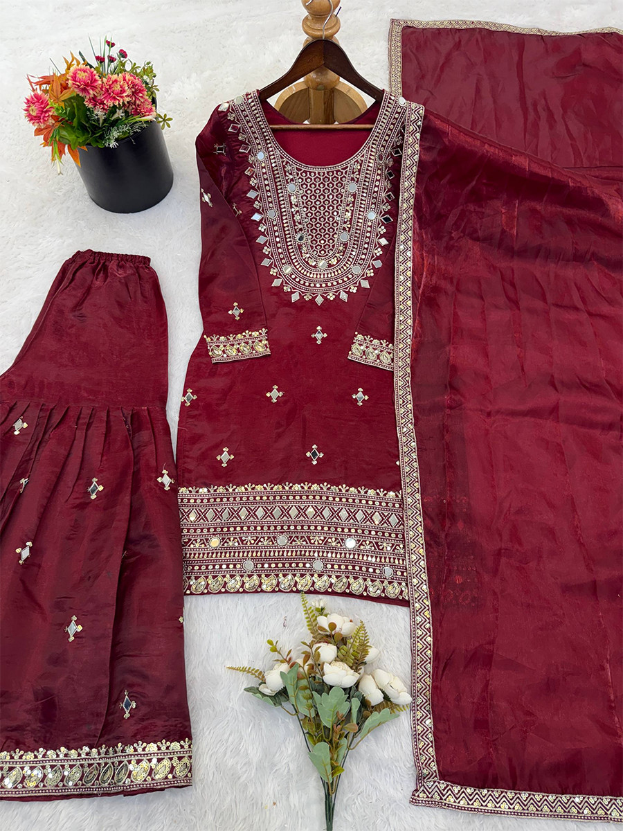 Maroon Pure Gmy Silk Embroidery Sequins Party Wedding Festival Casual Ready Sharara Pant Salwar Kameez