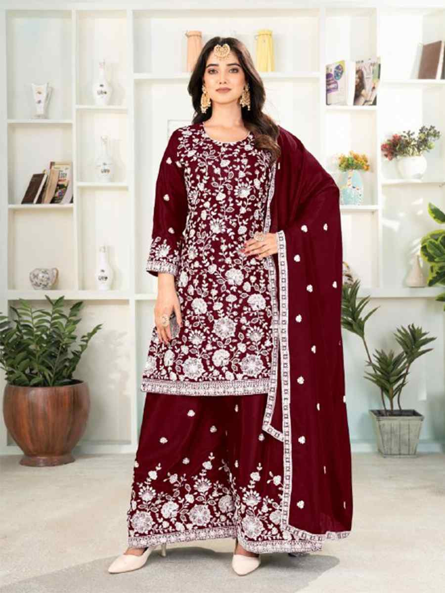 Maroon Pure Heavy Chinnon Silk Embroidered Festival Casual Ready Palazzo Pant Salwar Kameez