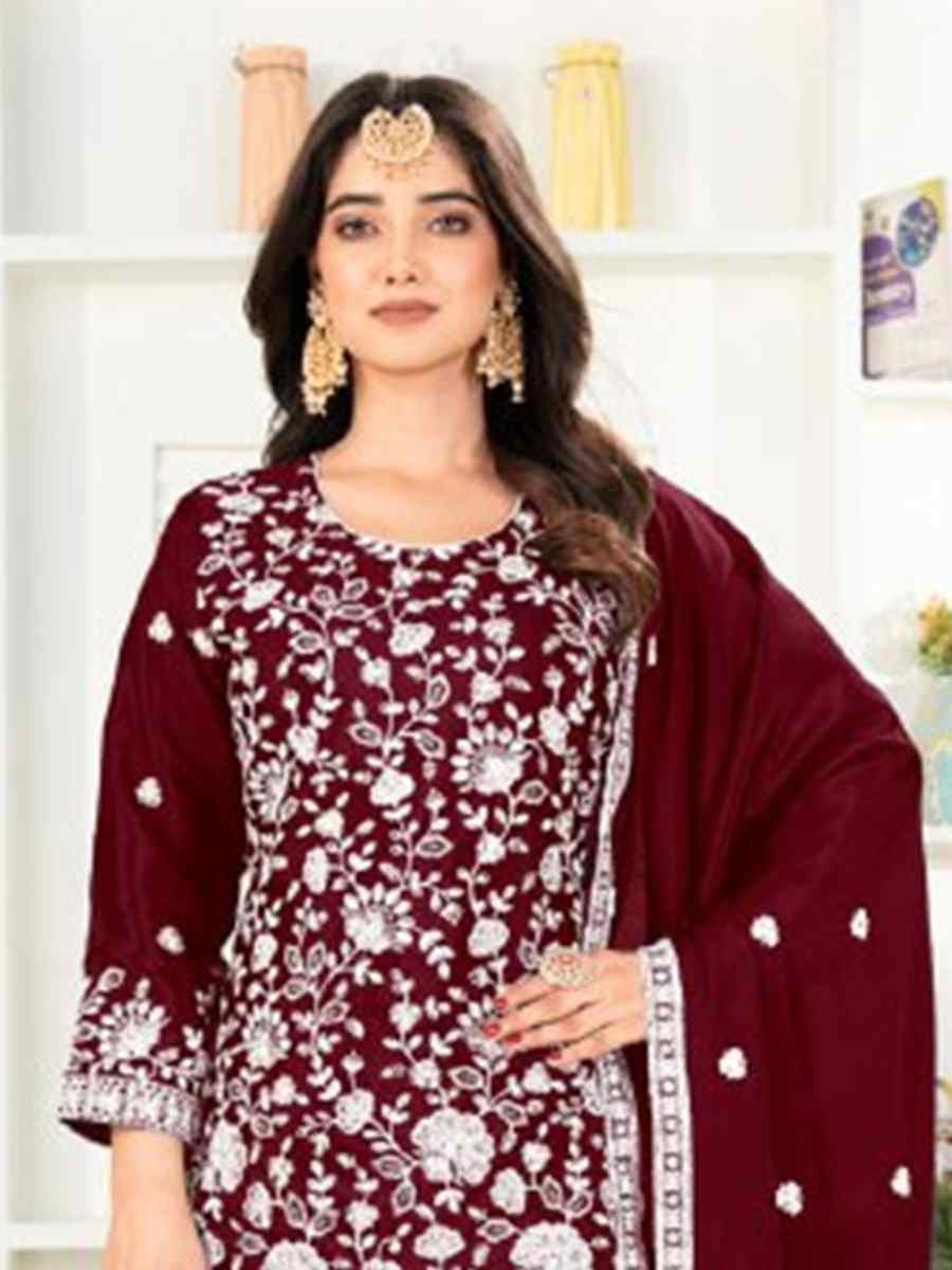 Maroon Pure Heavy Chinnon Silk Embroidered Festival Casual Ready Palazzo Pant Salwar Kameez
