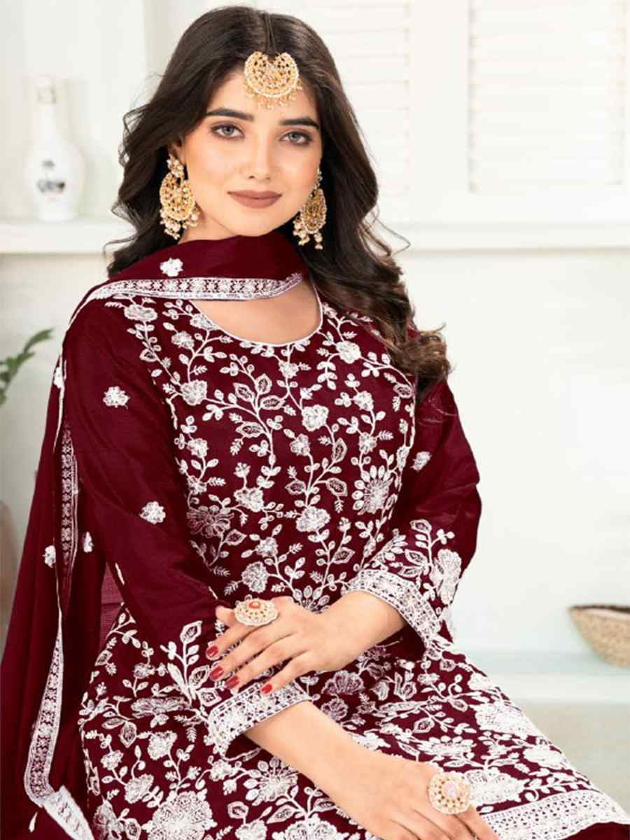 Maroon Pure Heavy Chinnon Silk Embroidered Festival Casual Ready Palazzo Pant Salwar Kameez