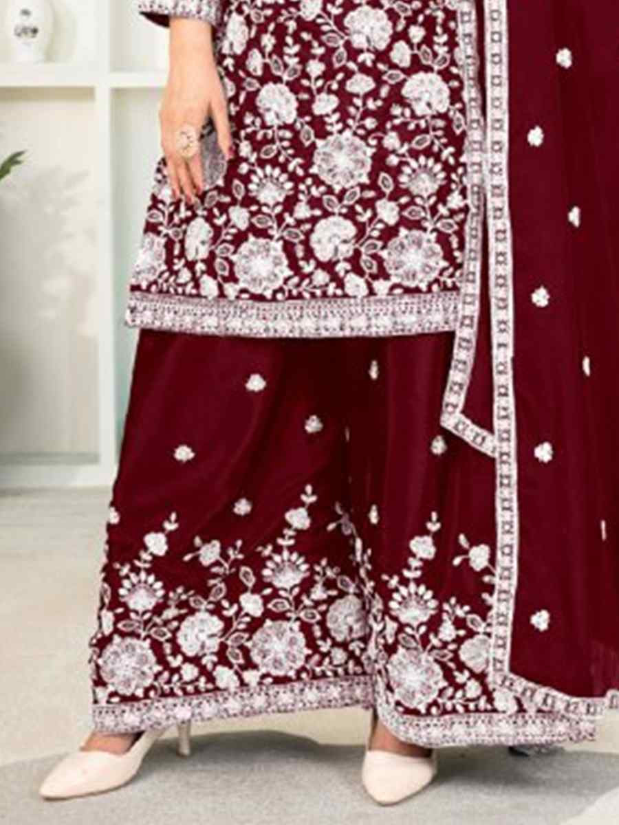 Maroon Pure Heavy Chinnon Silk Embroidered Festival Casual Ready Palazzo Pant Salwar Kameez