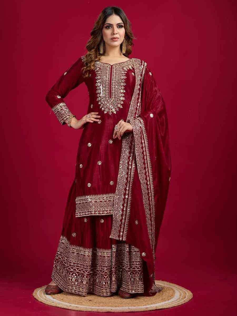 Maroon Pure Heavy Chinon Silk Embroidered Festival Wedding Sharara Pant Ready Salwar Kameez