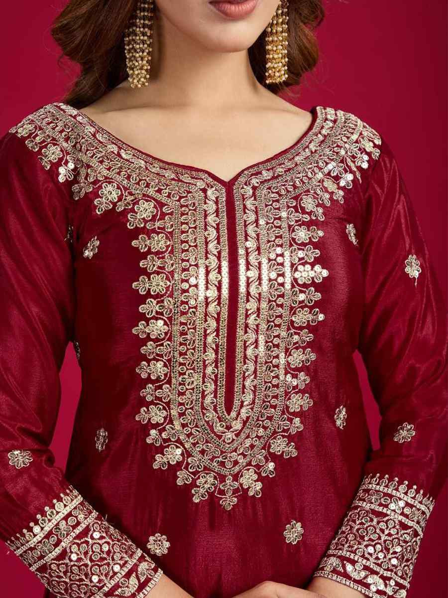 Maroon Pure Heavy Chinon Silk Embroidered Festival Wedding Sharara Pant Ready Salwar Kameez