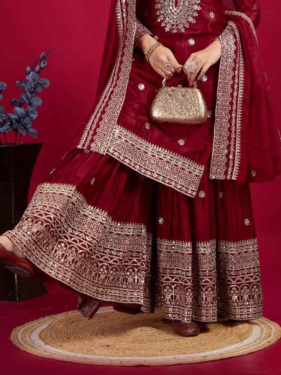 Maroon Pure Heavy Chinon Silk Embroidered Festival Wedding Sharara Pant Ready Salwar Kameez