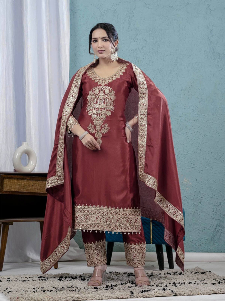 Image of Maroon Pure Heavy Chinon Silk Embroidery Sequins Wedding Party Festival Casual Ready Anarkali Pant Salwar Kameez