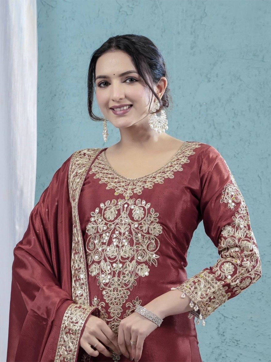Maroon Pure Heavy Chinon Silk Embroidery Sequins Wedding Party Festival Casual Ready Anarkali Pant Salwar Kameez
