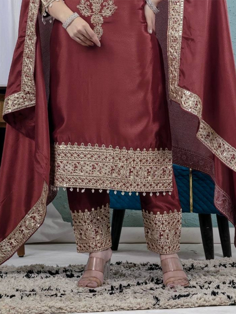 Maroon Pure Heavy Chinon Silk Embroidery Sequins Wedding Party Festival Casual Ready Anarkali Pant Salwar Kameez
