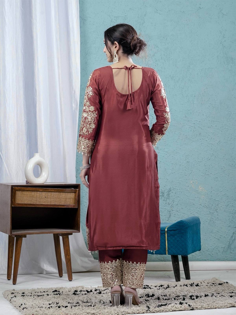 Maroon Pure Heavy Chinon Silk Embroidery Sequins Wedding Party Festival Casual Ready Anarkali Pant Salwar Kameez