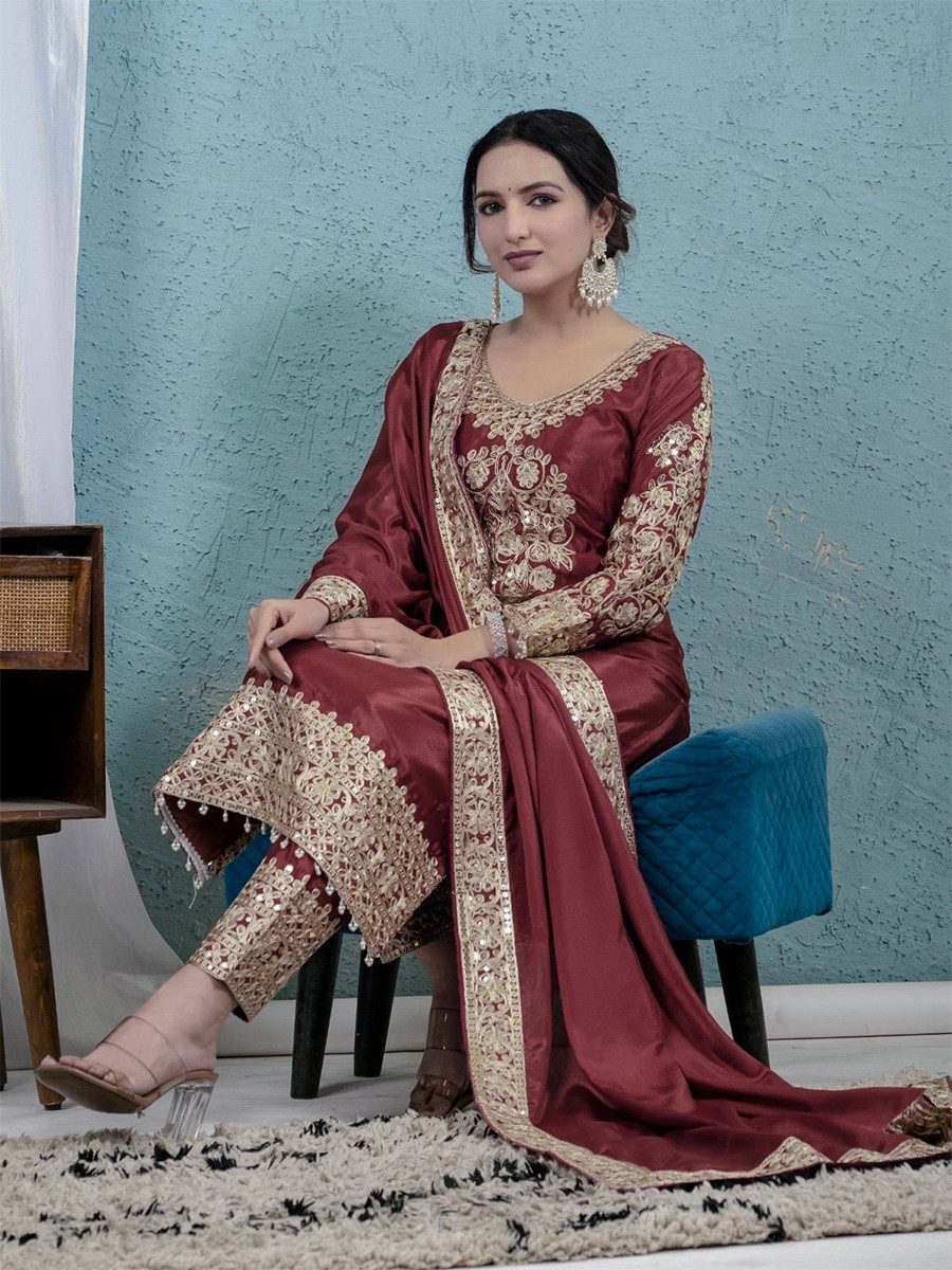 Maroon Pure Heavy Chinon Silk Embroidery Sequins Wedding Party Festival Casual Ready Anarkali Pant Salwar Kameez