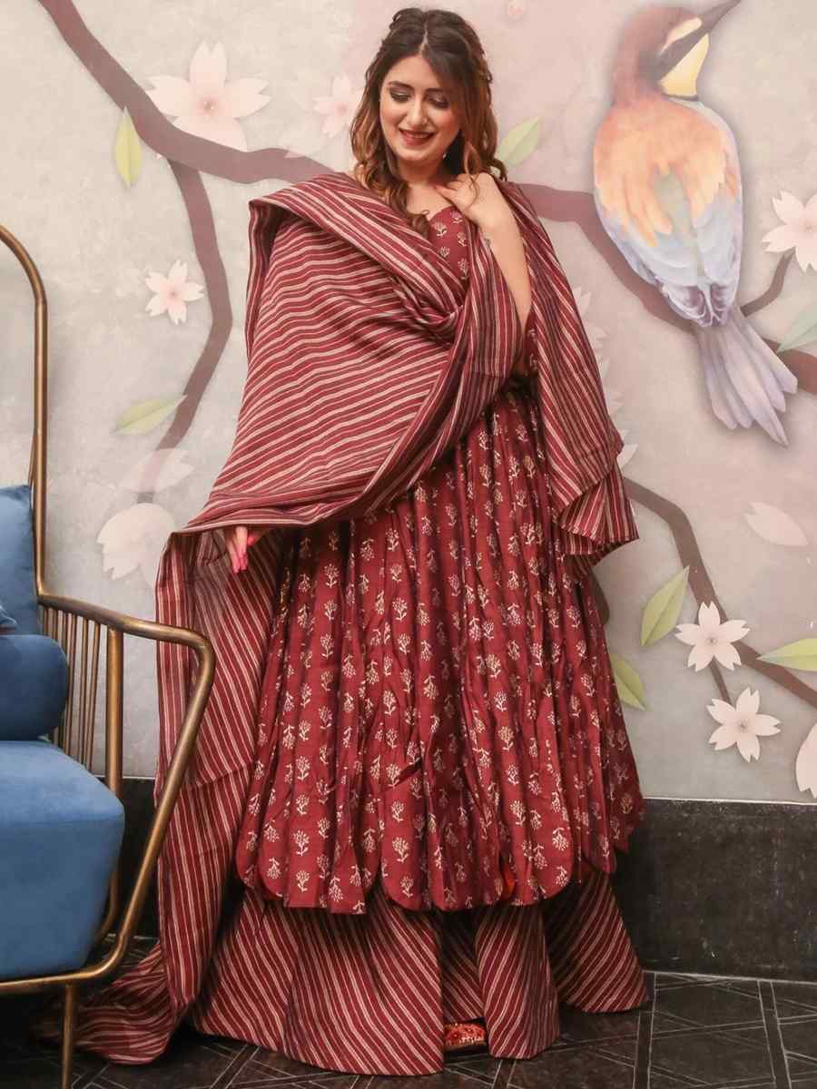 Maroon Pure Muslin Printed Festival Casual Palazzo Pant Salwar Kameez