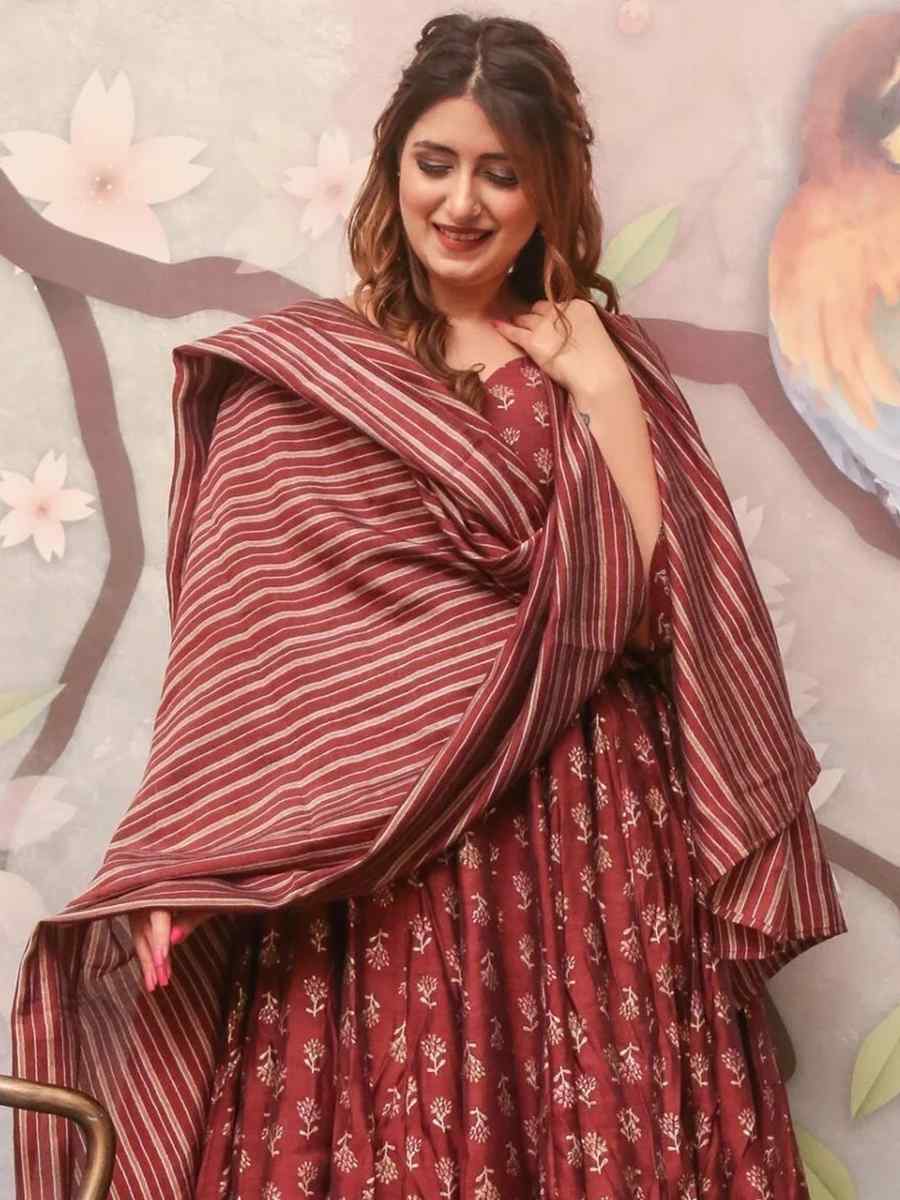 Maroon Pure Muslin Printed Festival Casual Palazzo Pant Salwar Kameez