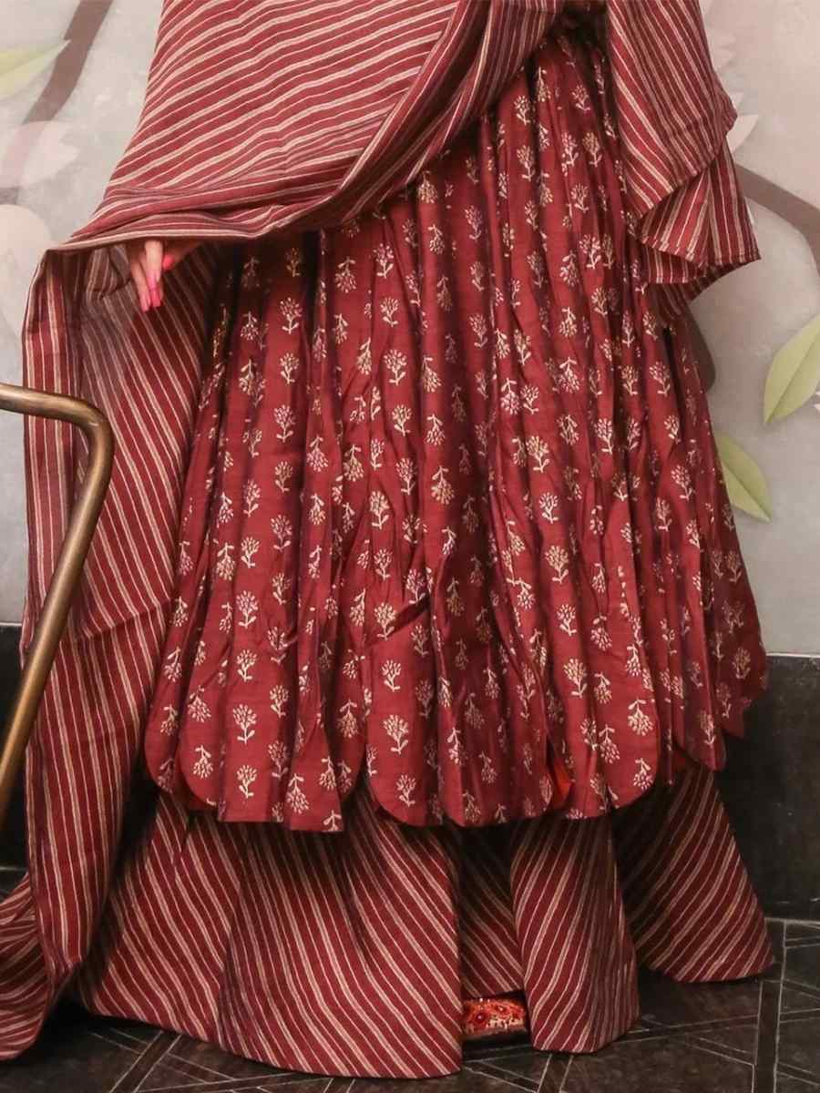 Maroon Pure Muslin Printed Festival Casual Palazzo Pant Salwar Kameez