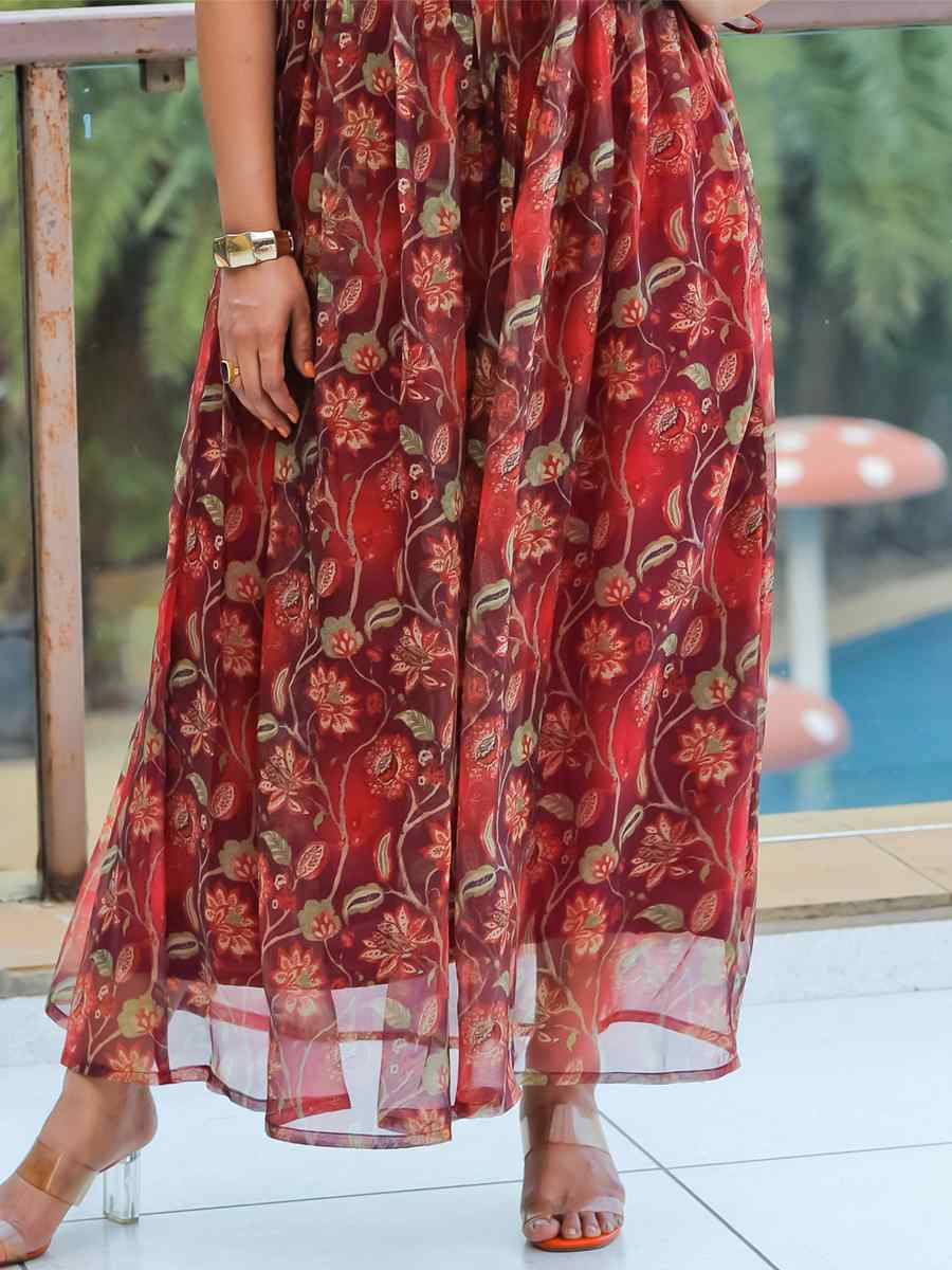 Maroon Pure Organza  Printed Festival Casual Gown