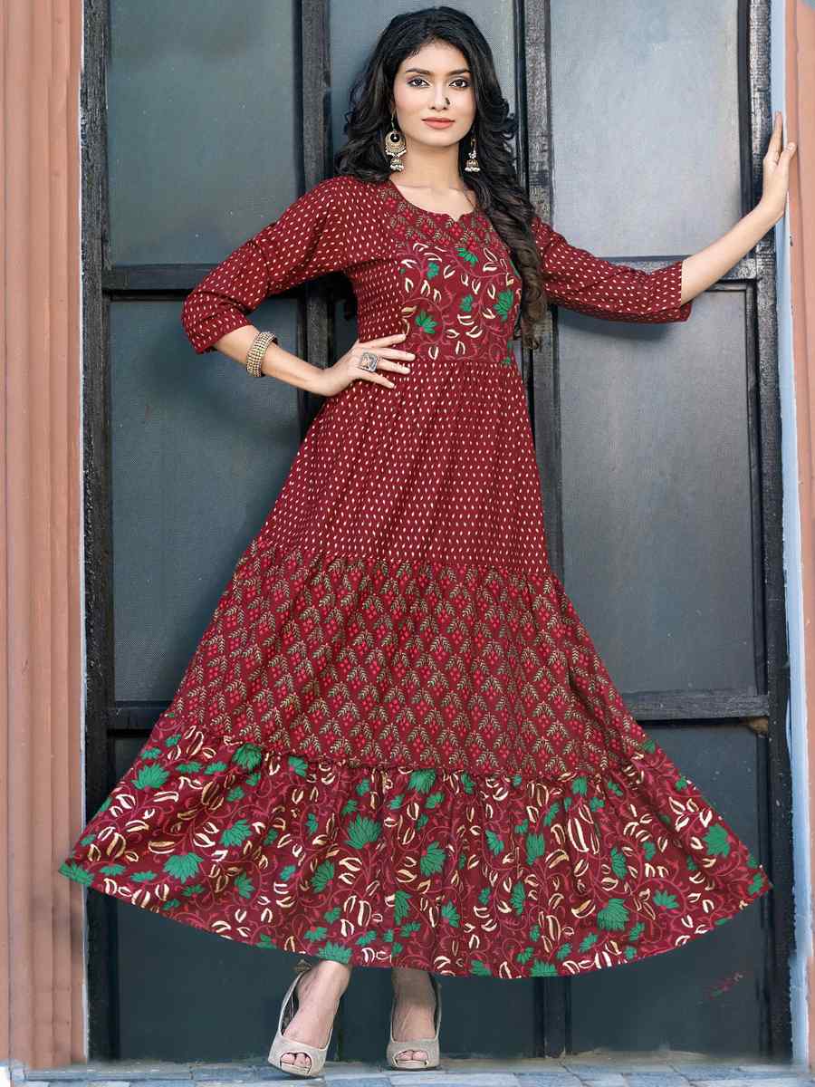 Maroon Pure Rayon 14kg Printed Festival Casual Gown