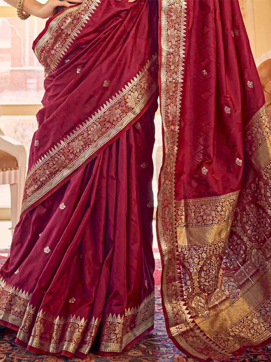 Maroon Pure Satin Silk Handwoven Wedding Festival Heavy Border Saree