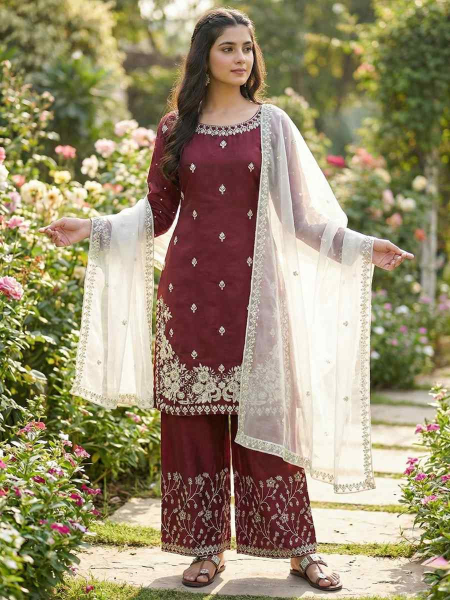 Maroon Pure Silk Embroidery Party Wedding Festival Casual Ready Palazzo Pant Salwar Kameez