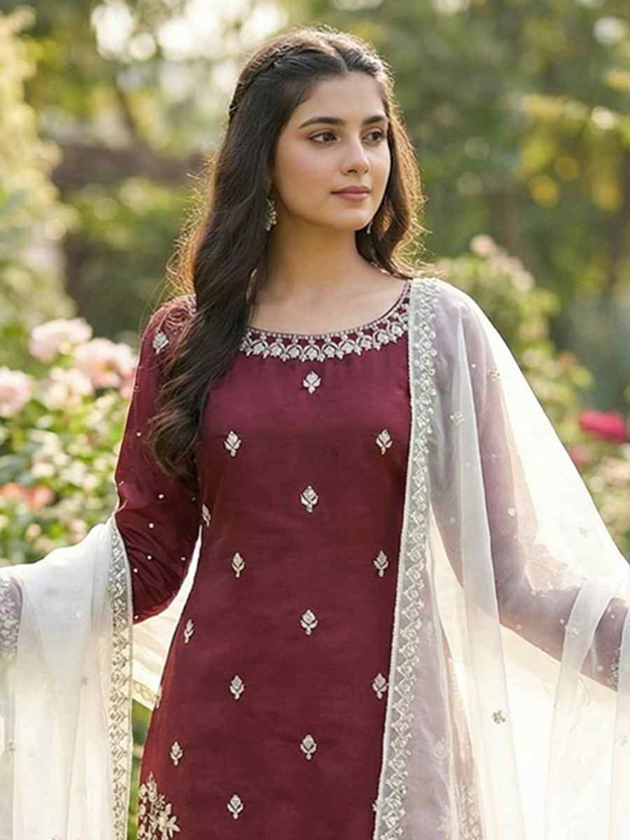 Maroon Pure Silk Embroidery Party Wedding Festival Casual Ready Palazzo Pant Salwar Kameez