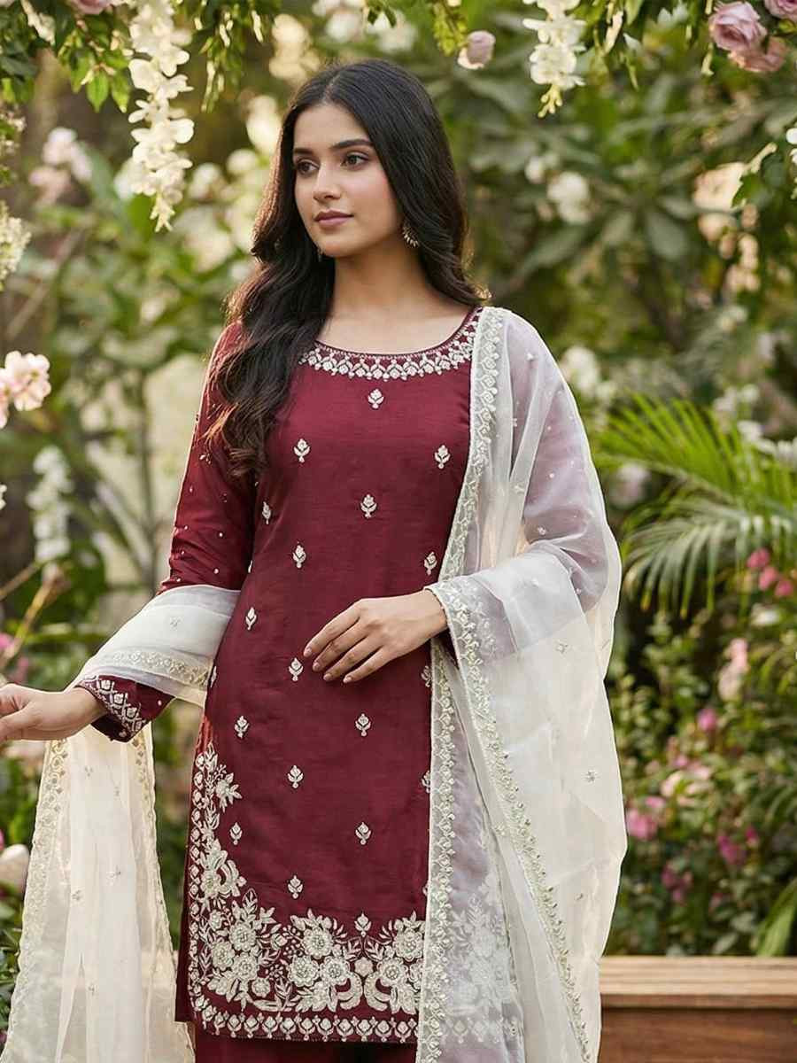 Maroon Pure Silk Embroidery Party Wedding Festival Casual Ready Palazzo Pant Salwar Kameez