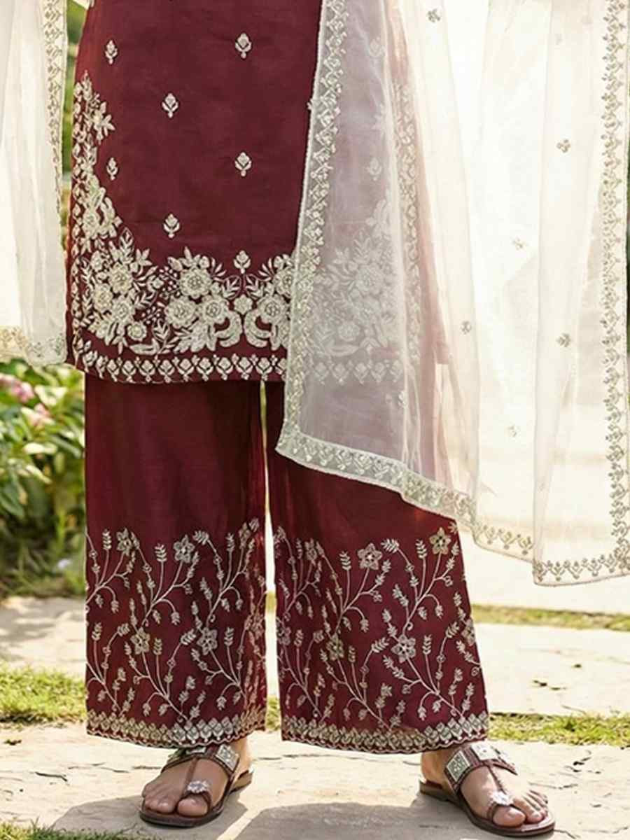 Maroon Pure Silk Embroidery Party Wedding Festival Casual Ready Palazzo Pant Salwar Kameez