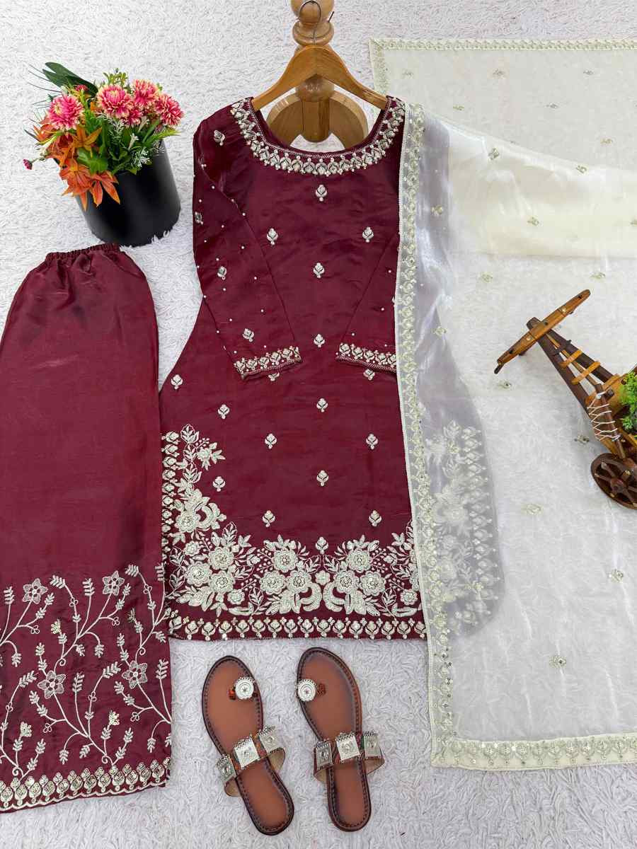 Maroon Pure Silk Embroidery Party Wedding Festival Casual Ready Palazzo Pant Salwar Kameez